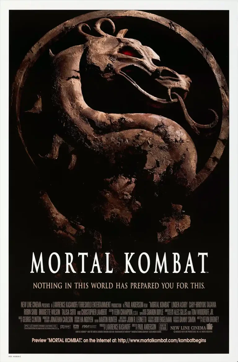 Mortal Kombat 1995 movie poster featuring the iconic, weathered stone Dragon Logo with glowing red eyes set against a stark black background.
