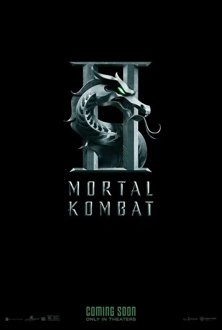 Mortal Kombat II official movie poster featuring the stylized metallic Dragon Logo with glowing green eyes on a dark, minimalist background.