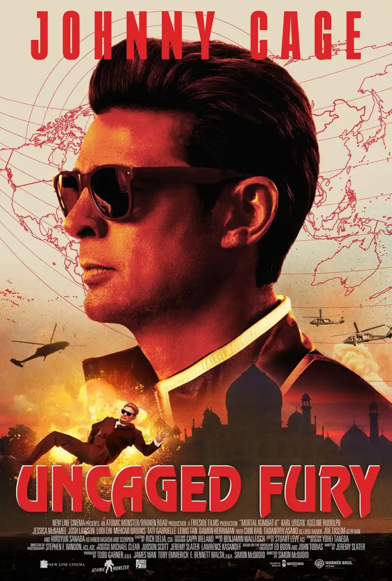 Johnny Cage Mortal Kombat movie poster featuring the character in sunglasses against a dramatic red and gold cityscape background with helicopters and a world map outline.