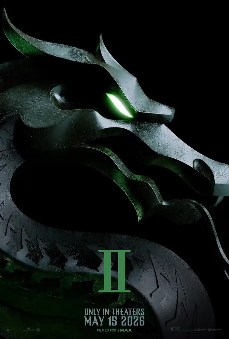 Mortal Kombat 2 Movie poster featuring a dark, metallic close-up of the iconic green-lit dragon logo against a black background.
