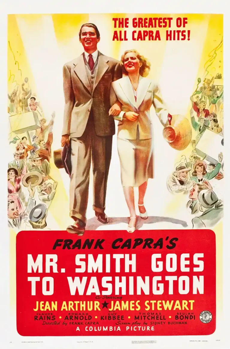 Mr. Smith Goes to Washington Movie Poster featuring James Stewart and Jean Arthur walking under spotlights, surrounded by cheering crowds, with bold red typography.