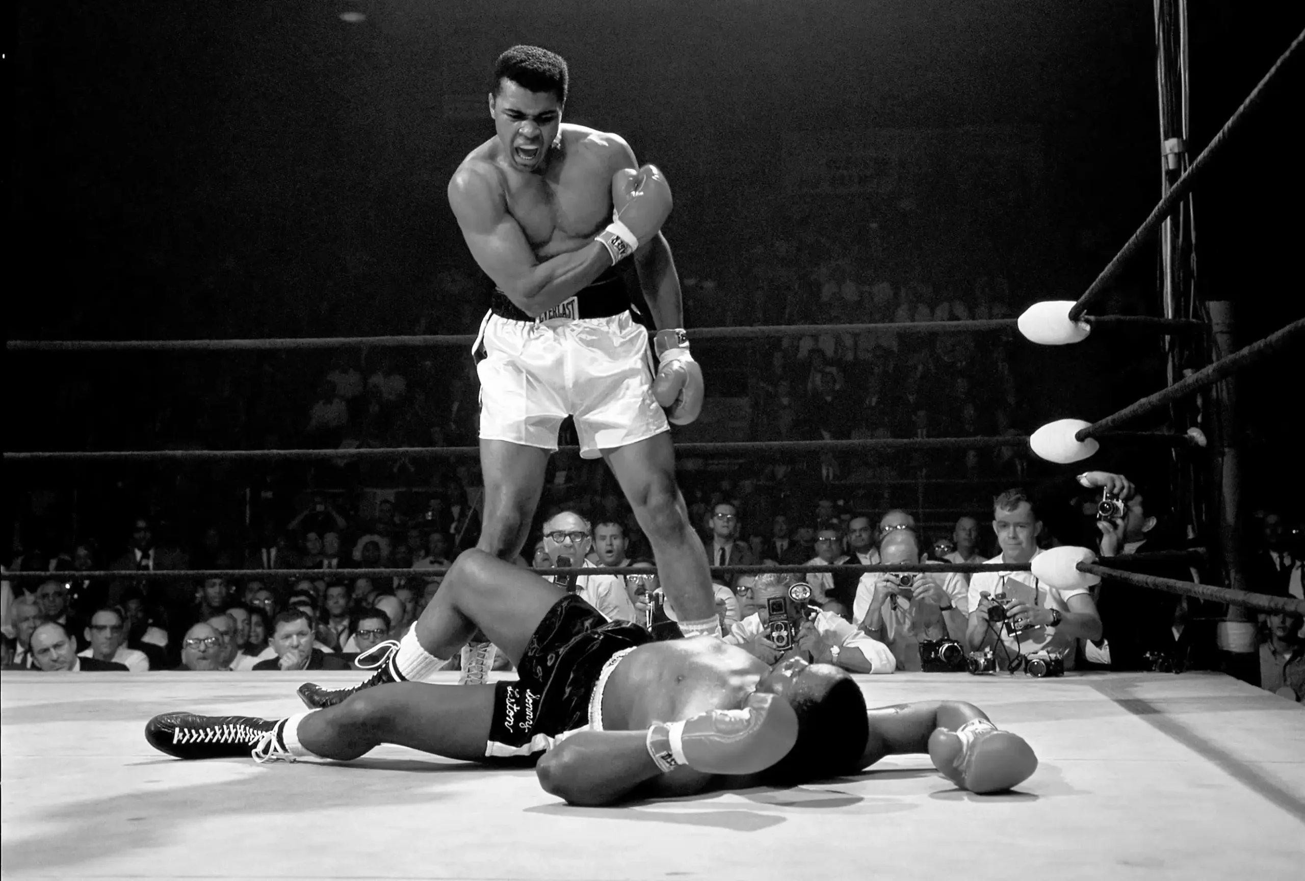 Muhammad Ali print Muhammad Ali vs Sonny Liston black and white wall art, vintage boxing photography print museum quality, Muhammad Ali standing over Liston iconic sports photography print