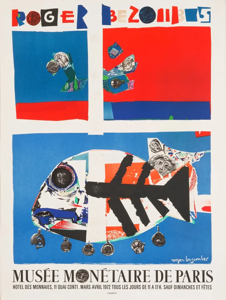 Roger Bezombes Art Poster for Musée Monétaire de Paris (1972) featuring abstract collage, bold red and blue colors, and stylized fish motif with medallions.