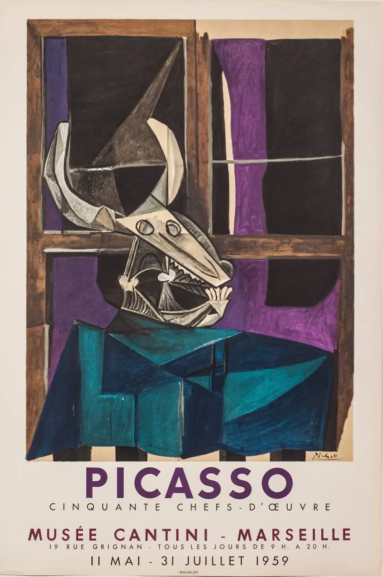 Pablo Picasso Art poster featuring the cubist still life Nature Morte au Crâne de Taureau with geometric shapes in purple, turquoise, and black.