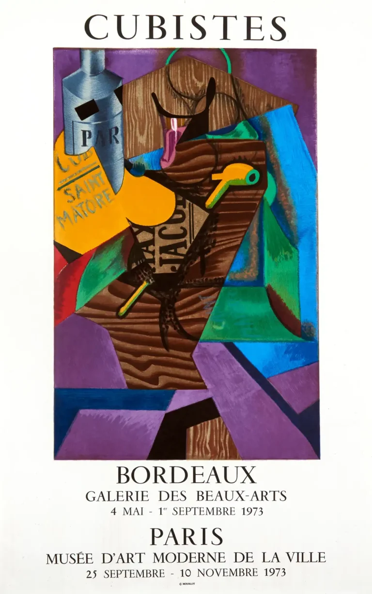 Juan Gris Cubism Art poster featuring the abstract still life 'Nature Morte au Livre' with purple, blue, and wood grain elements, from the 1973 French exhibition.