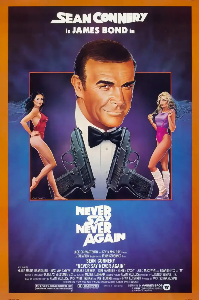 Never Say Never Again 1983 James Bond movie poster featuring Sean Connery, pistols, and two Bond girls. Classic 80s spy film wall art.