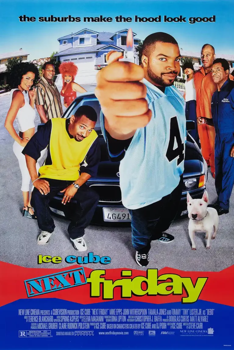 Next Friday comedy movie poster featuring Ice Cube holding a lighter in the foreground, Mike Epps, and the supporting cast in front of a suburban house.