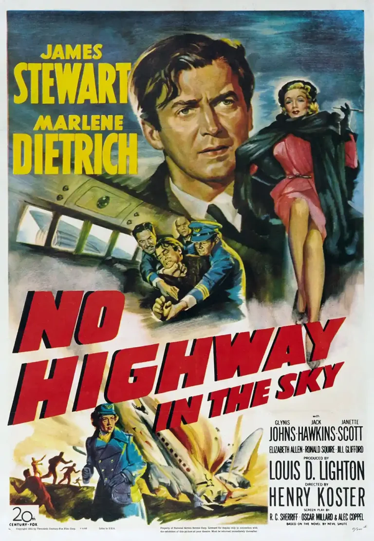 No Highway in the Sky 1951 Movie poster featuring large portraits of James Stewart and Marlene Dietrich above scenes of mid-air drama and a plane crash.
