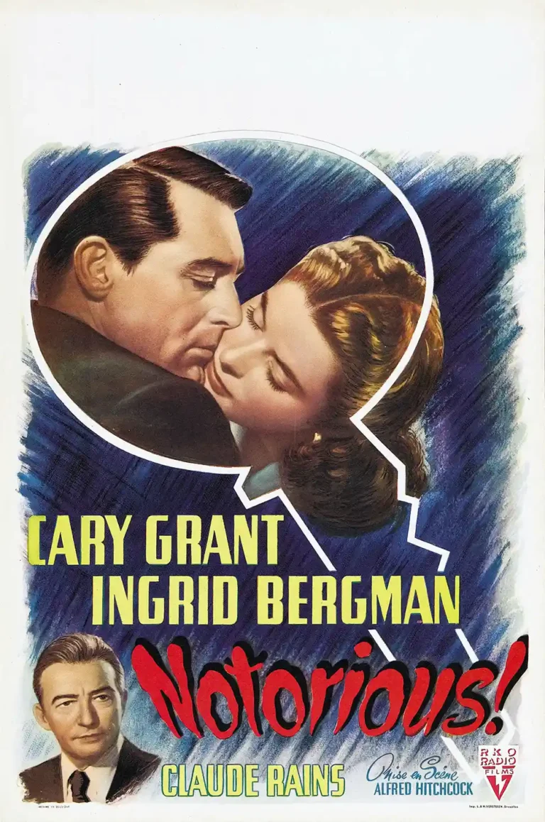 Notorious (1946) movie poster featuring Cary Grant and Ingrid Bergman in a close romantic embrace against a dark background.