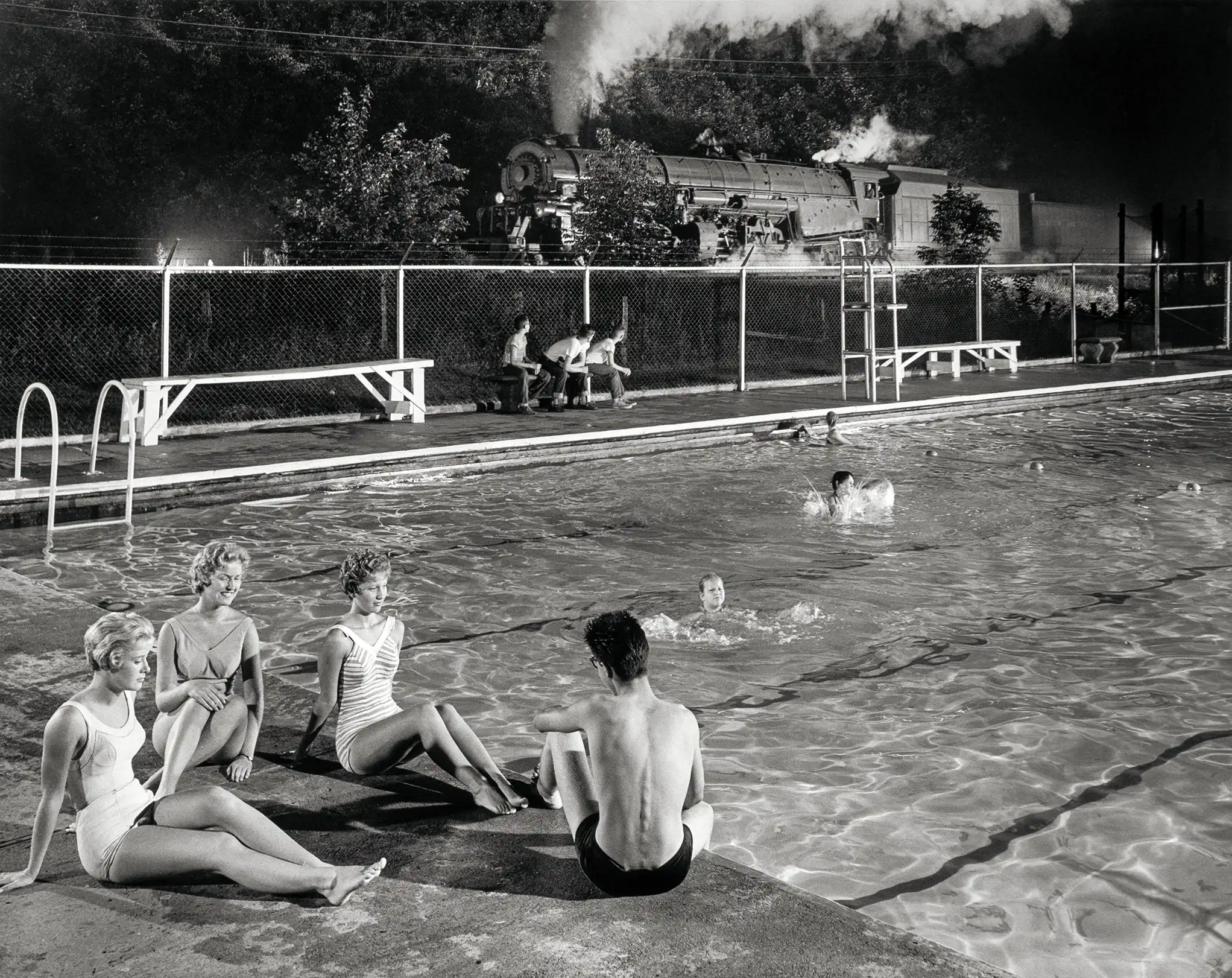 Night Swimming Pool & Steam Train | Vintage Photography Art Poster