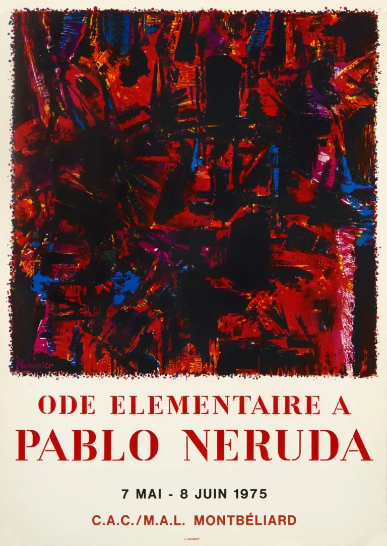 Alfred Manessier Abstract Art poster featuring a dark, textured composition dominated by bold red and blue brushstrokes, dedicated to Pablo Neruda.