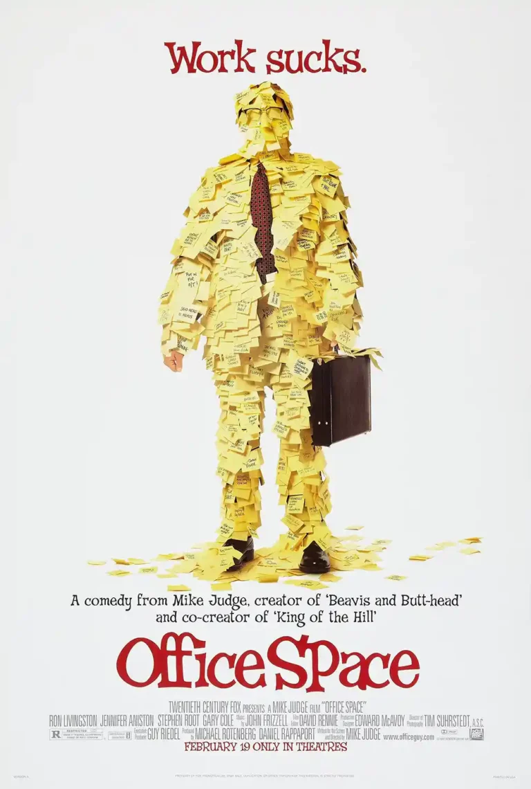 Office Space Movie poster featuring the iconic image of a businessman completely covered in yellow sticky notes, with the tagline 'Work sucks.'