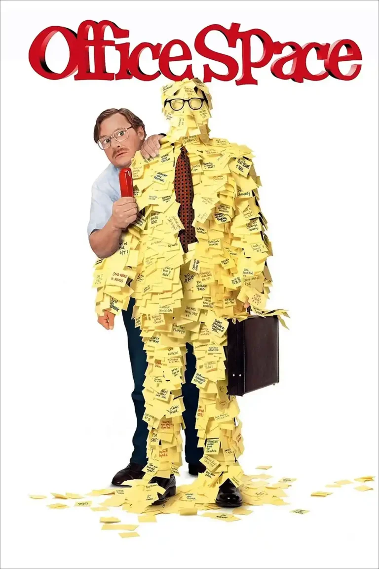 Office Space Movie poster featuring a man completely covered in yellow Post-It notes, symbolizing corporate overwhelm and bureaucracy.