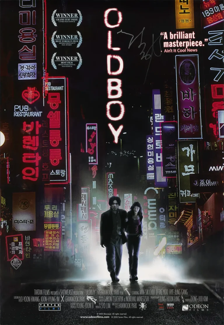 Oldboy Movie poster featuring protagonists Oh Dae-su and Mi-do walking down a dark, neon-lit Korean street at night.