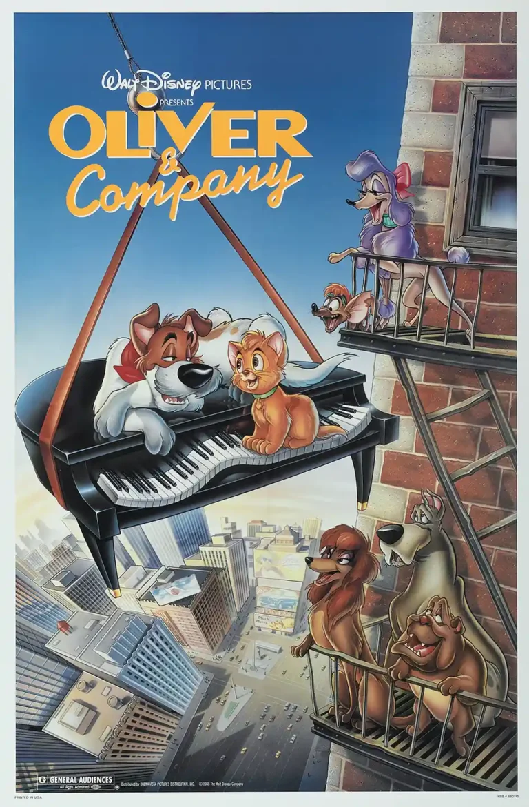 Oliver & Company Disney Movie poster featuring Oliver and Dodger floating on a grand piano high above the New York City skyline.