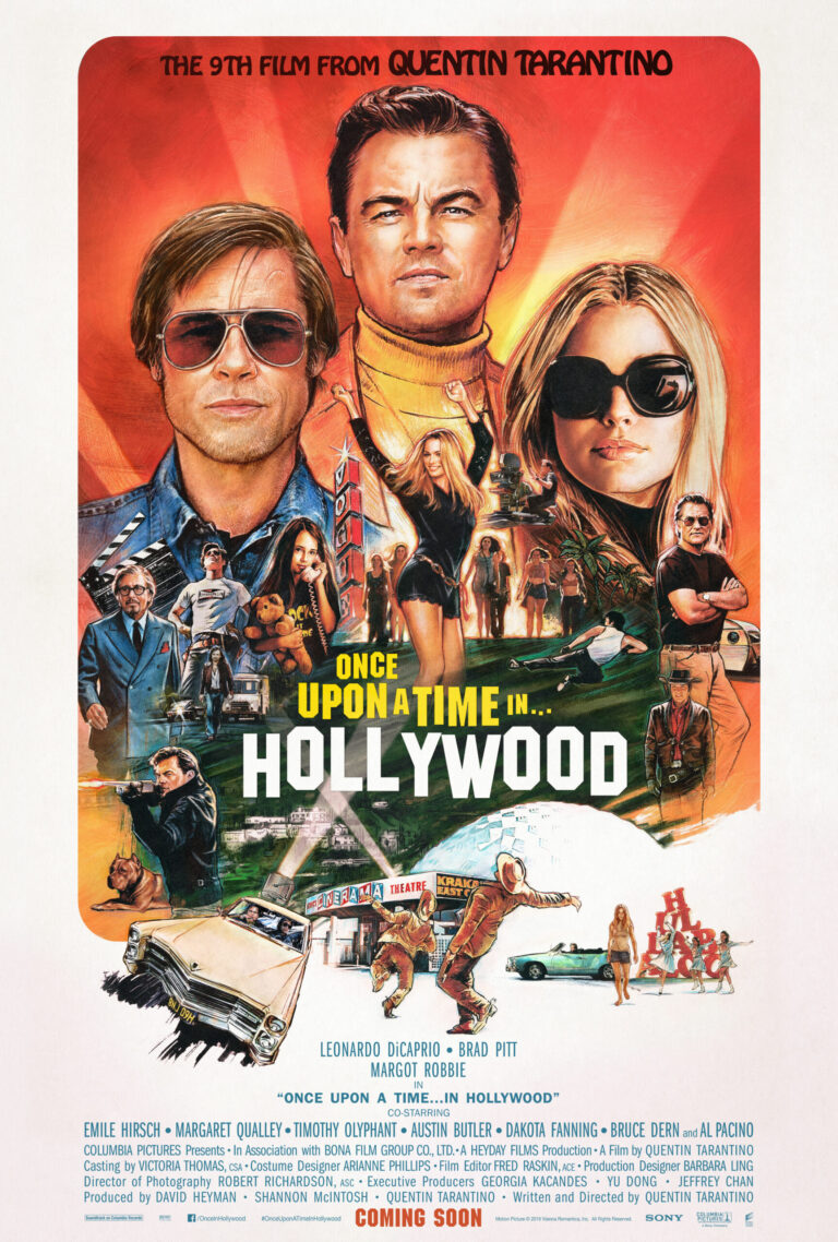 Once Upon a Time in Hollywood Movie poster featuring painted images of Leonardo DiCaprio, Brad Pitt, and Margot Robbie in a 1960s collage style.