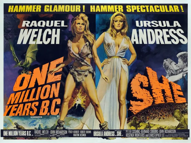 Vintage Hammer Films double feature movie poster for One Million Years B.C. and She, featuring Raquel Welch in a fur bikini and Ursula Andress in a white gown.