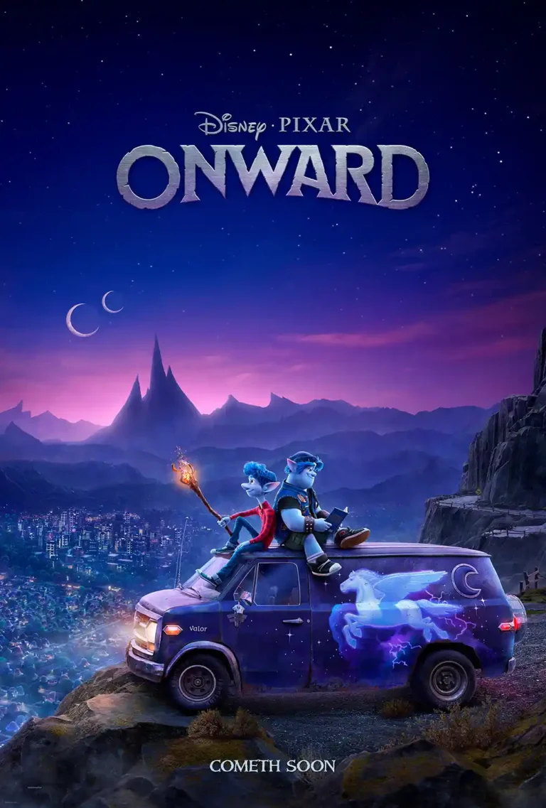 Onward Disney Pixar Movie poster featuring brothers Ian and Barley Lightfoot sitting on their van Valor overlooking a magical, purple-hued city scene.