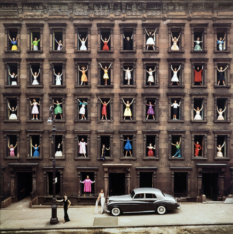 Ormond Gigli Girls in the Windows Art poster featuring 43 fashion models posing dramatically in brownstone windows in New York City, 1960.
