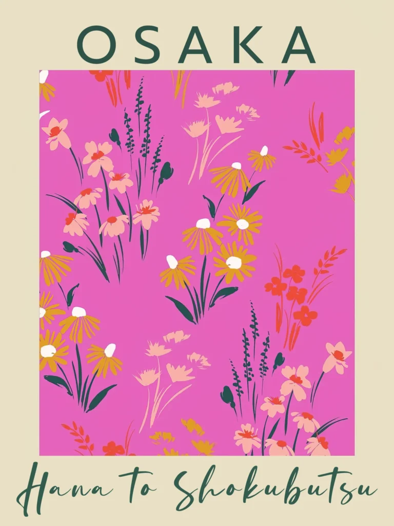 Osaka Hana To Shokubutsu botanical poster featuring an abstract illustration of daisies and lavender on a vibrant magenta background.