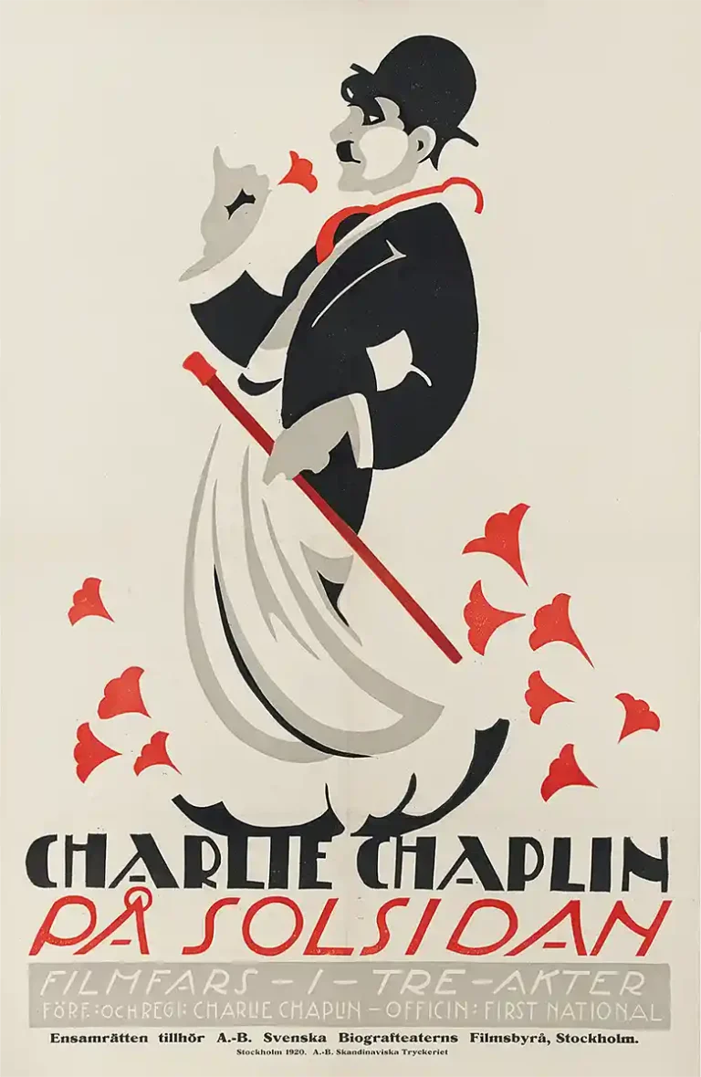 Charlie Chaplin Movie Poster featuring a highly stylized, Art Deco depiction of The Tramp holding a red cane, titled Pa Solsidan, using black, white, and red.