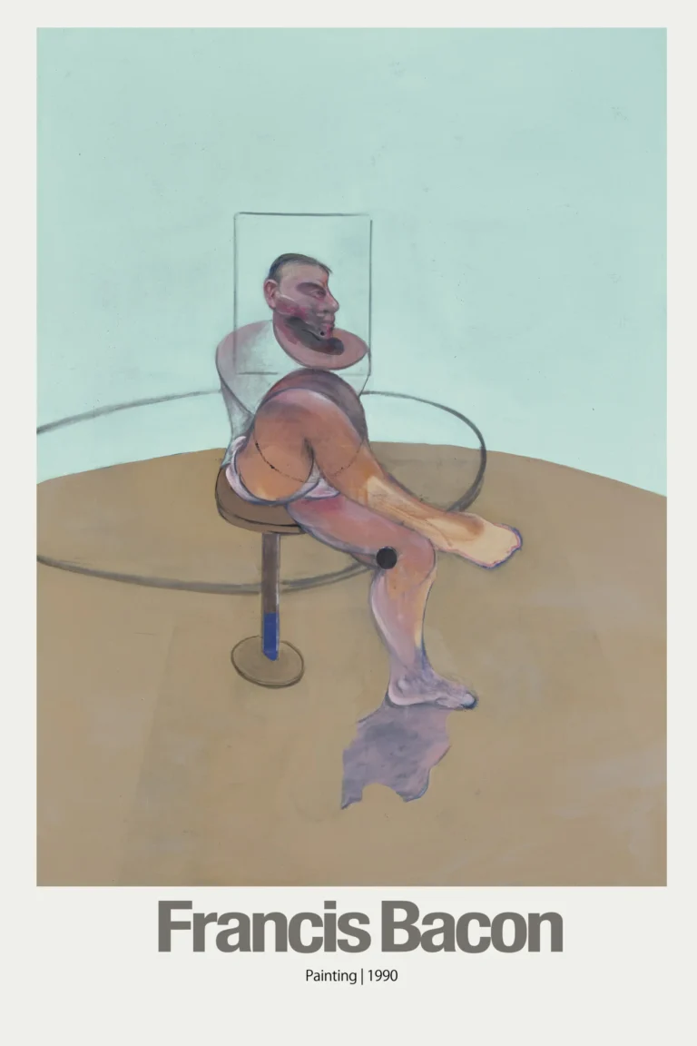Francis Bacon Art poster featuring the painting "1990," depicting a seated, distorted figure in a geometric frame against a mint green background.