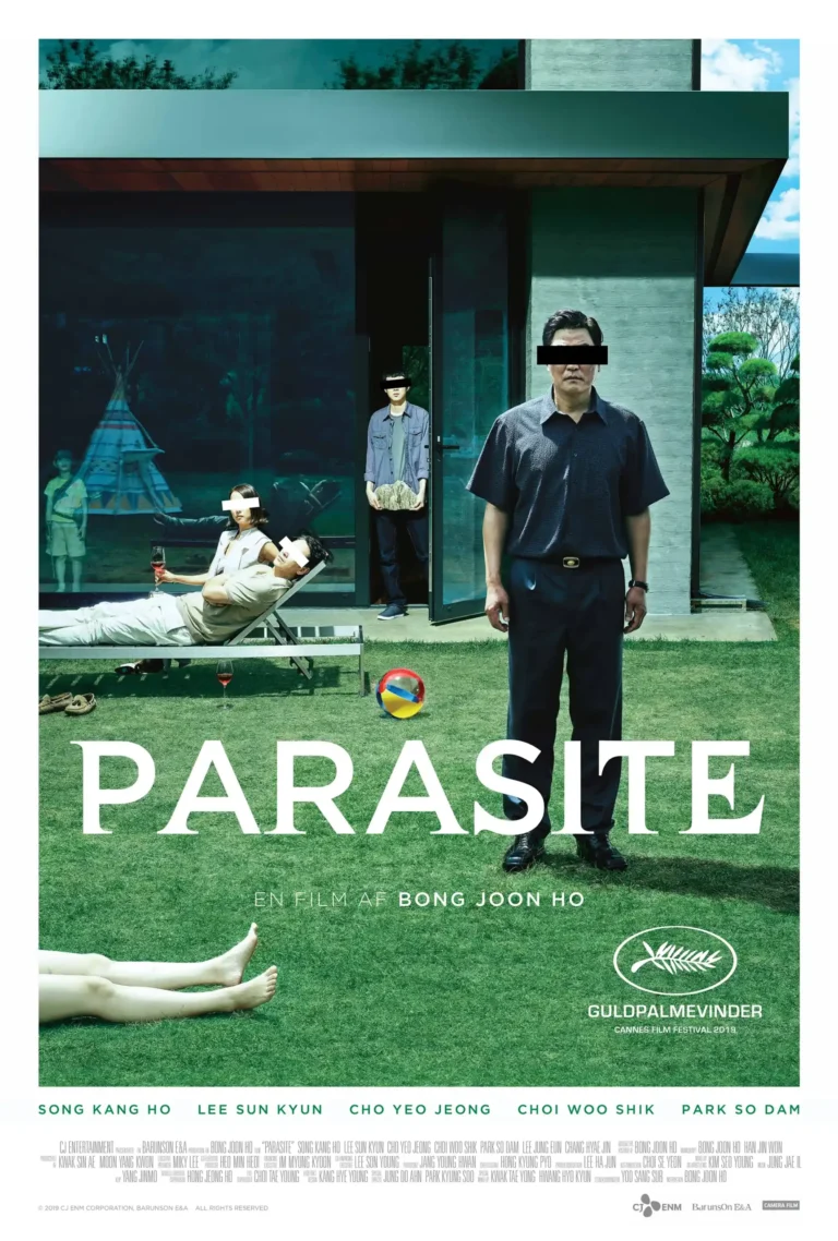 Parasite Movie Poster featuring the Kim and Park families on the iconic green lawn of the modern house, highlighting the visual tension and class disparity.