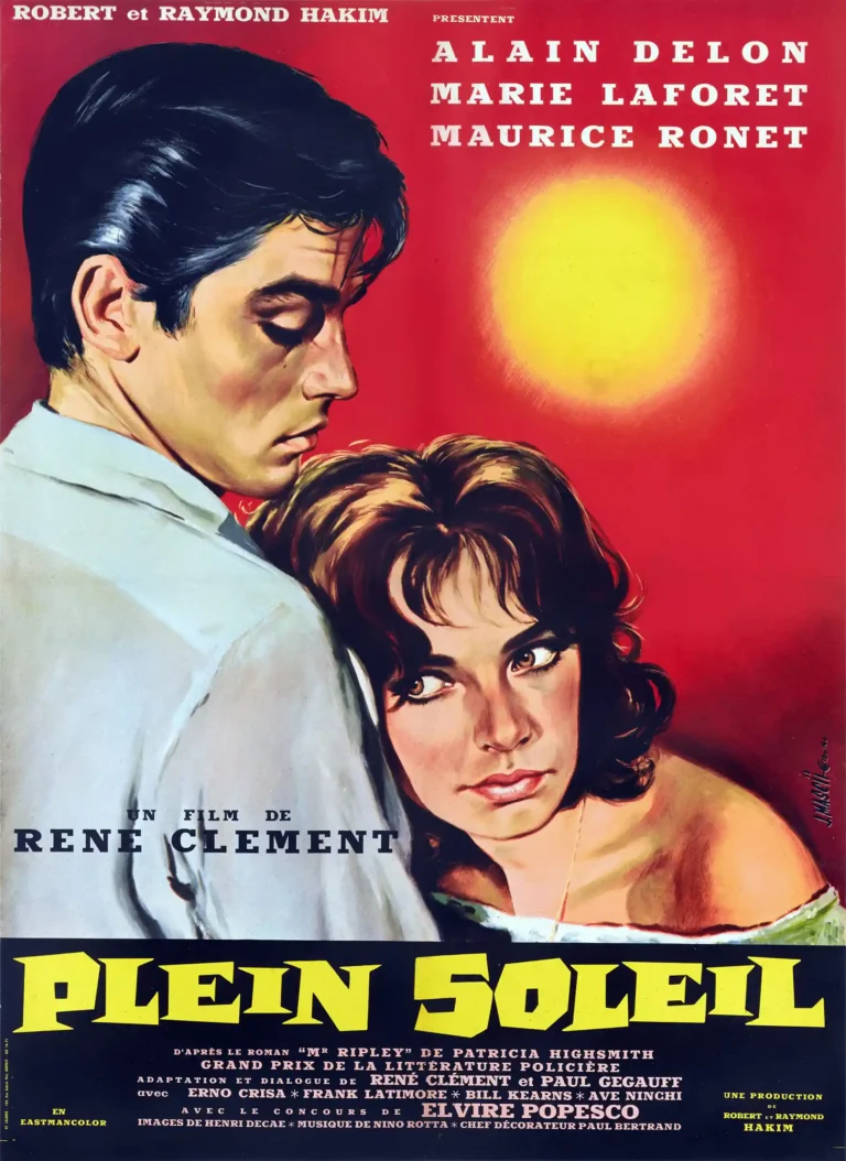 Plein Soleil (Purple Noon) 1960 French film poster featuring a dramatic painted close-up of Alain Delon and Marie Laforêt against a striking red and yellow sun background.