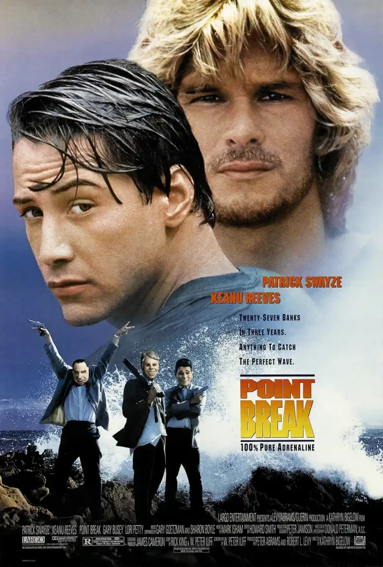 Point Break Movie poster featuring close-up portraits of Keanu Reeves and Patrick Swayze above the masked bank robbers standing on the rocky shore.