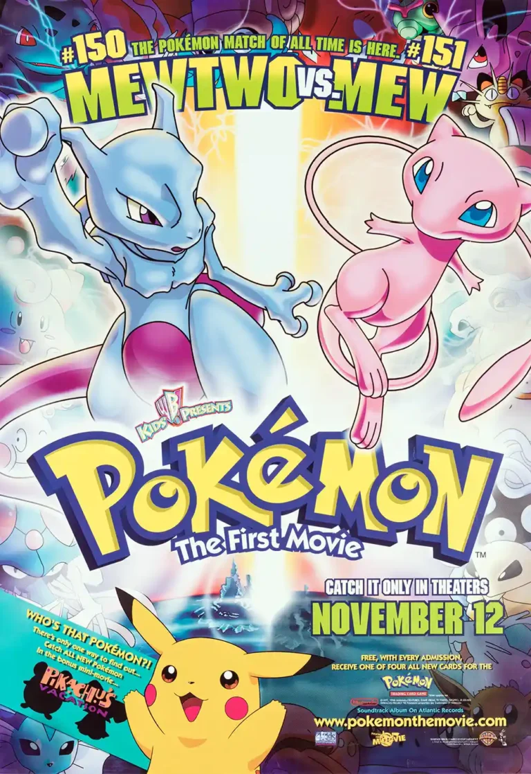 Pokémon The First Movie: Mewtwo Strikes Back Movie poster featuring an epic battle between Mewtwo and Mew, with Pikachu smiling below.