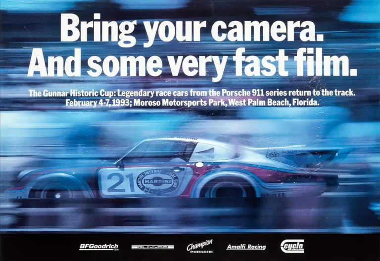 Porsche 911 Martini Racing Motorsport poster featuring a vintage race car speeding with intense motion blur effect and 1993 event details in bold text.
