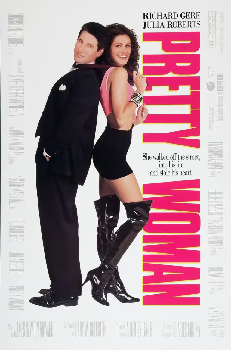 Pretty Woman Movie poster featuring Richard Gere and Julia Roberts standing back-to-back, highlighting the iconic 90s fashion and vibrant title typography.