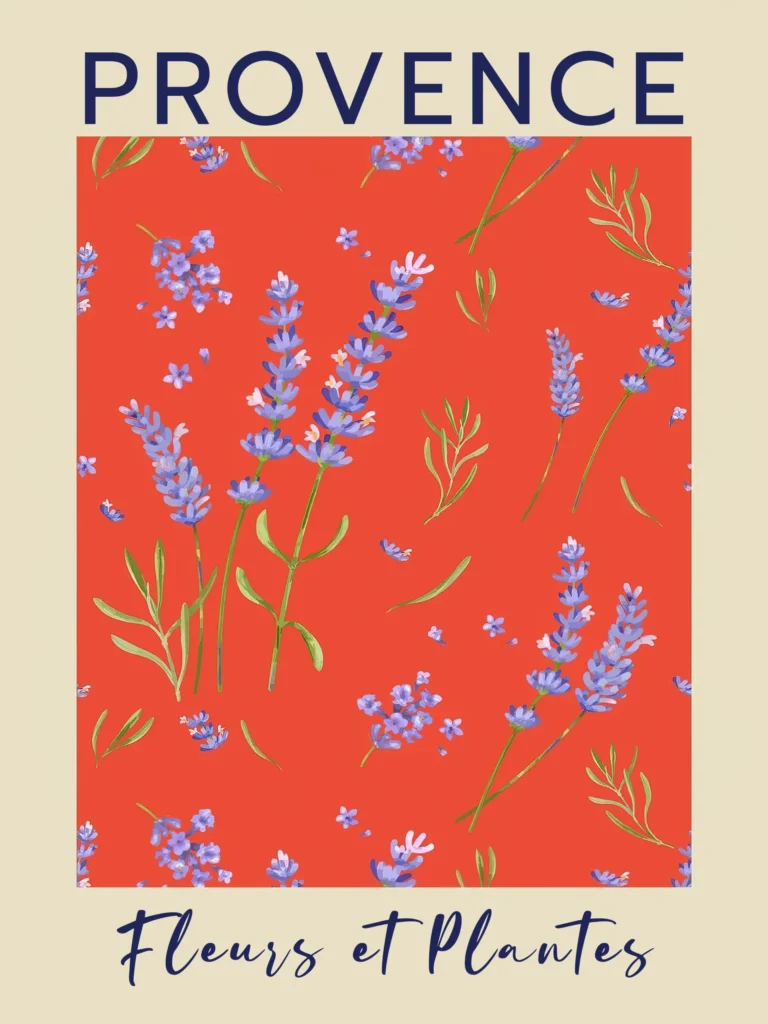 Provence Botanical Art poster featuring watercolor lavender flowers and leaves on a bold coral red background with beige borders.