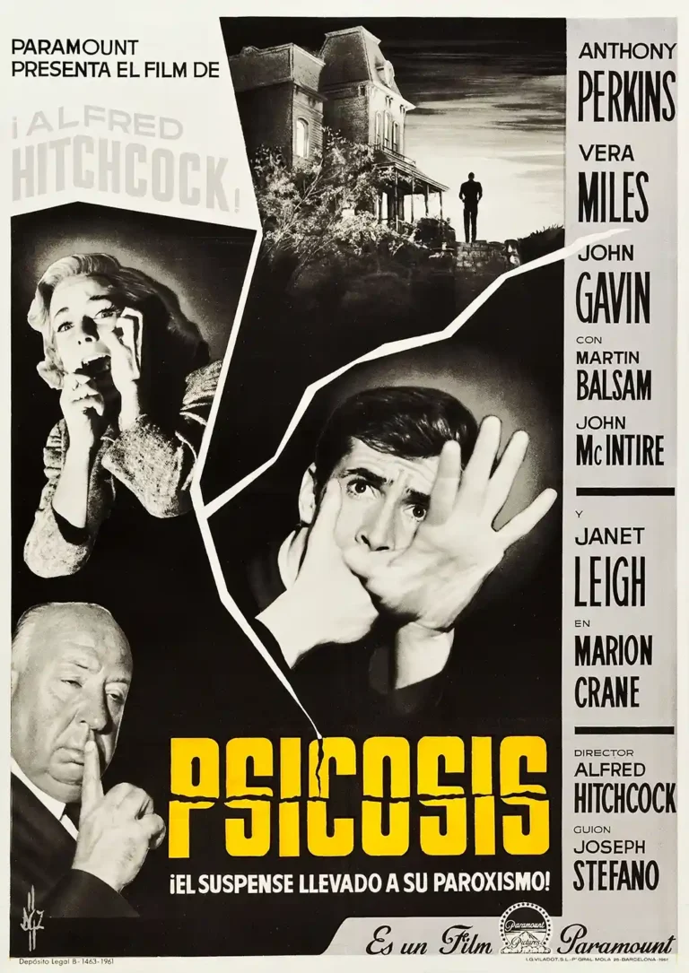 Psycho (1960) Movie poster featuring Anthony Perkins as Norman Bates, Janet Leigh, Bates Motel, and Alfred Hitchcock giving the 'shush' sign.