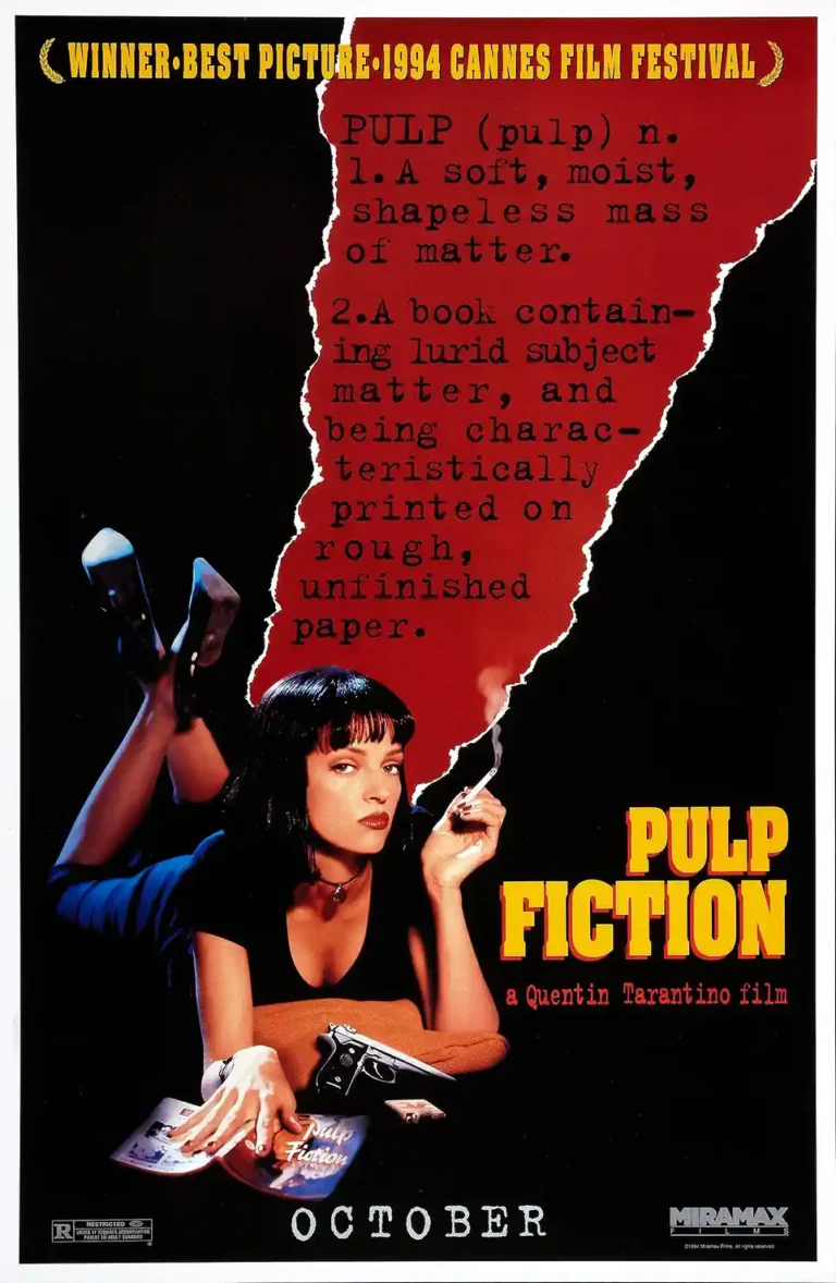 Pulp Fiction Movie poster featuring Mia Wallace (Uma Thurman) reclining with a gun and cigarette against the classic red definition graphic and black background.