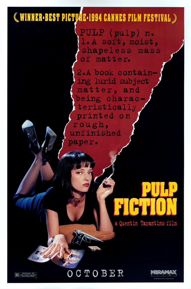 Pulp Fiction Movie poster featuring Mia Wallace (Uma Thurman) lying down, smoking, with a gun and dictionary definition text.