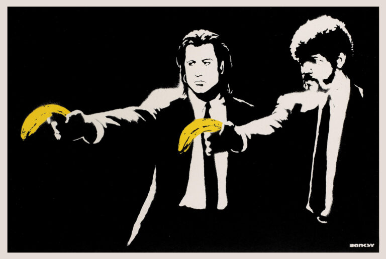 Pulp Fiction movie poster featuring John Travolta and Samuel L. Jackson characters in a Banksy-style stencil holding yellow bananas.