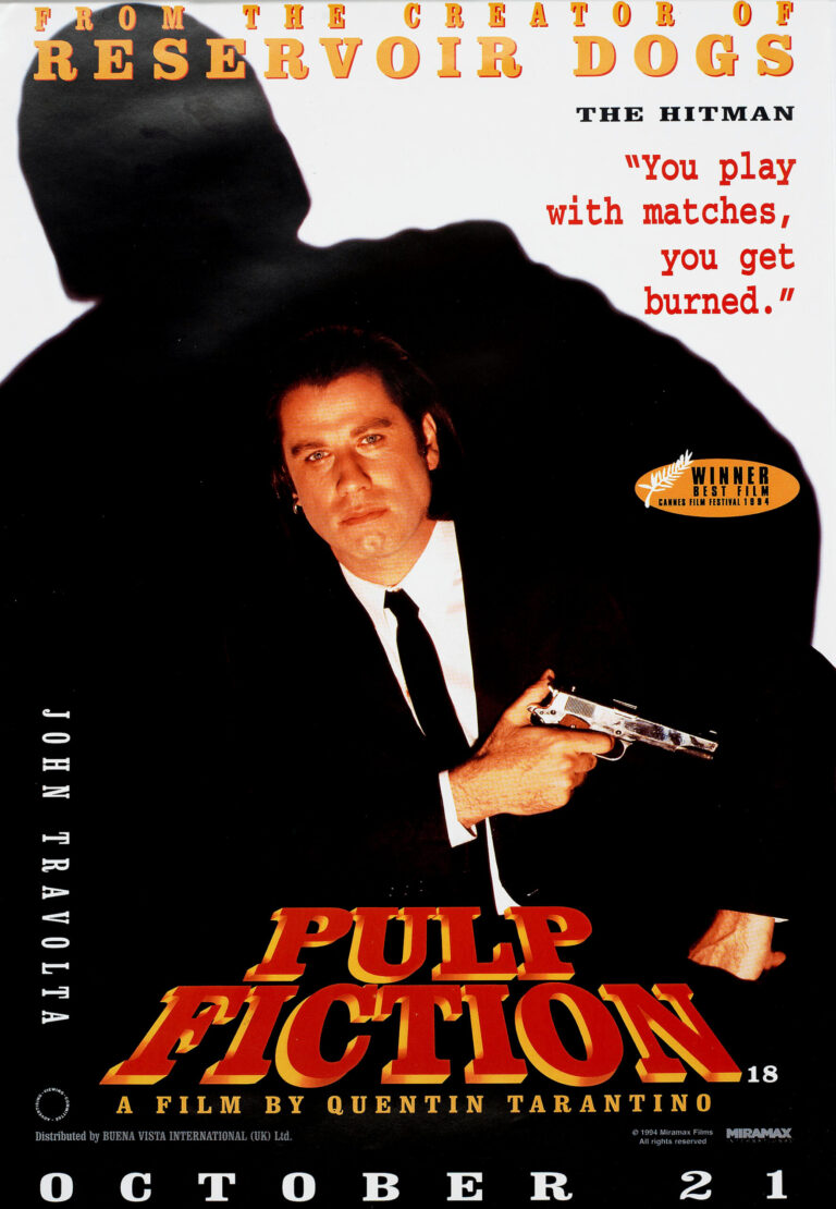 Pulp Fiction Movie Poster featuring John Travolta as Vincent Vega in a black suit holding a pistol, highlighted by the quote and a large silhouette.