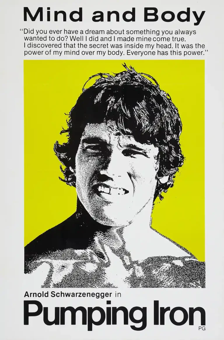 Pumping Iron Movie Poster featuring a high-contrast black and white portrait of Arnold Schwarzenegger on a neon yellow background.