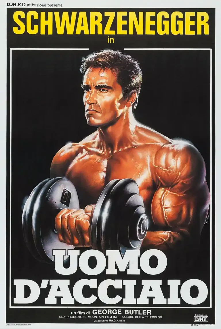 Pumping Iron 1977 documentary movie poster featuring Arnold Schwarzenegger intensely lifting a dumbbell, detailed illustrated bodybuilding art.