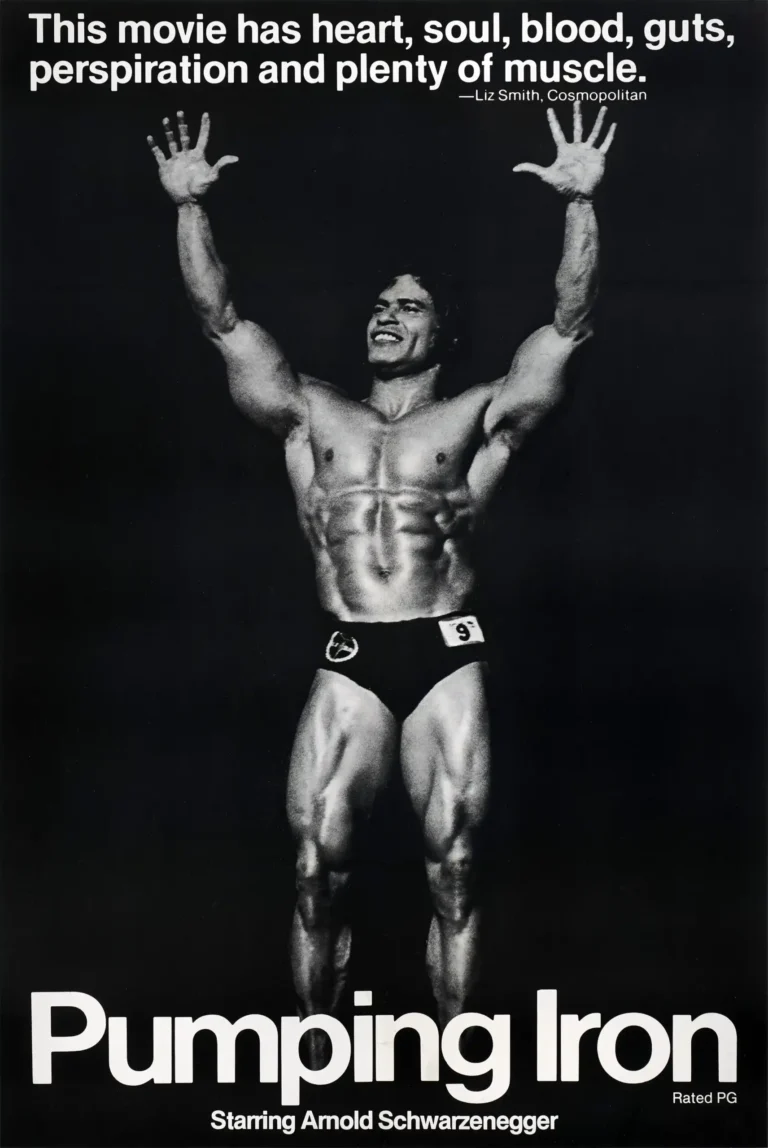 Pumping Iron documentary movie poster featuring Arnold Schwarzenegger striking a triumphant, double bicep pose in black and white.