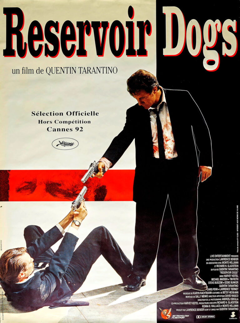 Reservoir Dogs Movie poster featuring a dark-suited figure pointing a gun at a downed figure, set against a high-contrast red and white background.