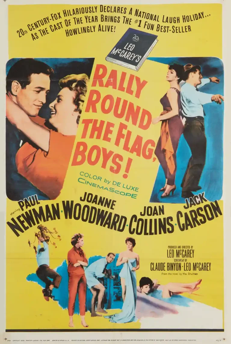Rally Round the Flag Boys! 1958 vintage movie poster featuring Paul Newman and Joanne Woodward in a bright yellow and red design.