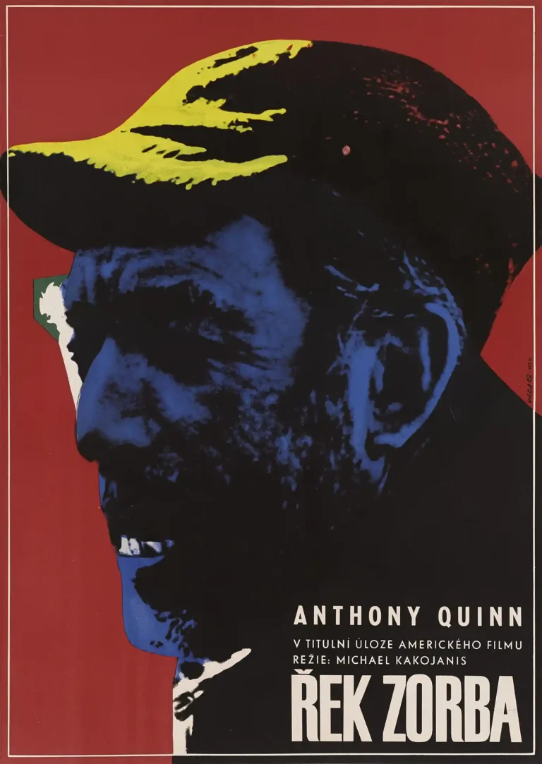 Zorba the Greek Movie poster featuring Anthony Quinn's stylized side profile in intense blue and black Pop Art style against a red background.