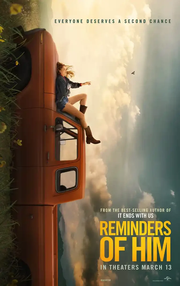 Reminders of Him Drama Movie poster featuring a woman sitting on an upside-down orange truck cab against a dramatic cloudy sky.
