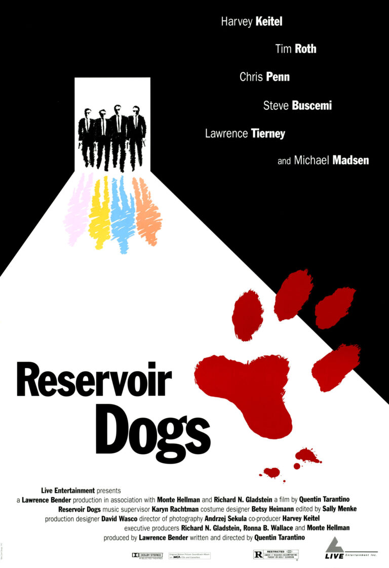 Reservoir Dogs Movie poster featuring five men in black suits, vibrant colored shadows, and the iconic blood-red paw print graphic.