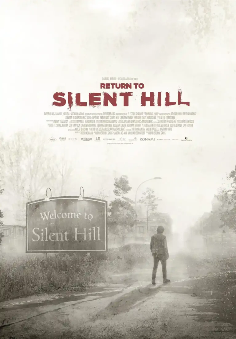 Return to Silent Hill Movie poster featuring a lone figure standing by the Welcome to Silent Hill sign in thick, monochromatic fog.