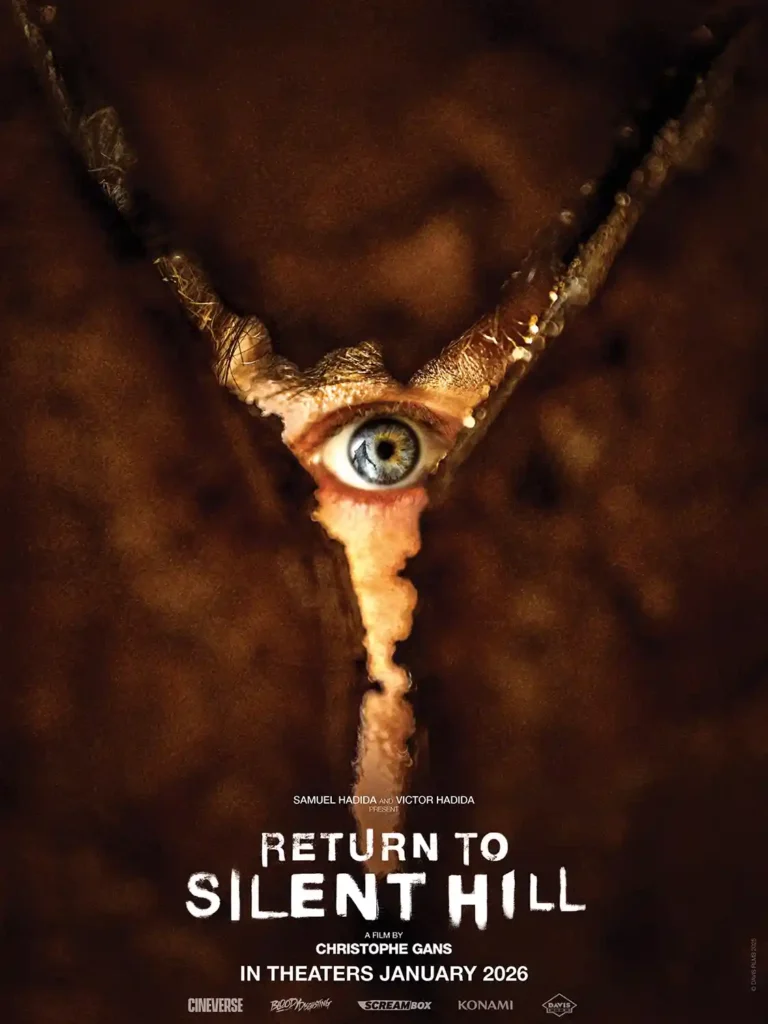 Return to Silent Hill Horror Movie poster featuring a large, blue eye peering unsettlingly through a V-shaped tear in dark brown matter, signaling dread.