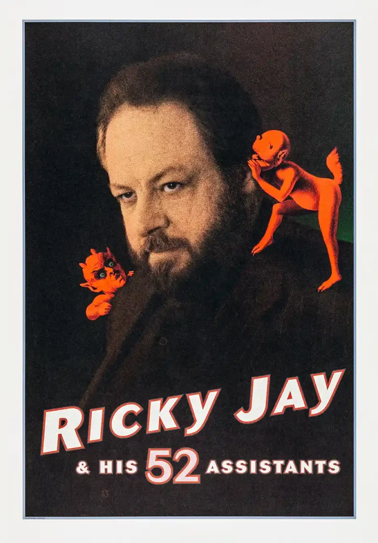 Ricky Jay and His 52 Assistants TV special poster featuring the illusionist in a dark portrait with two contrasting orange imp figures symbolizing the deck of cards.