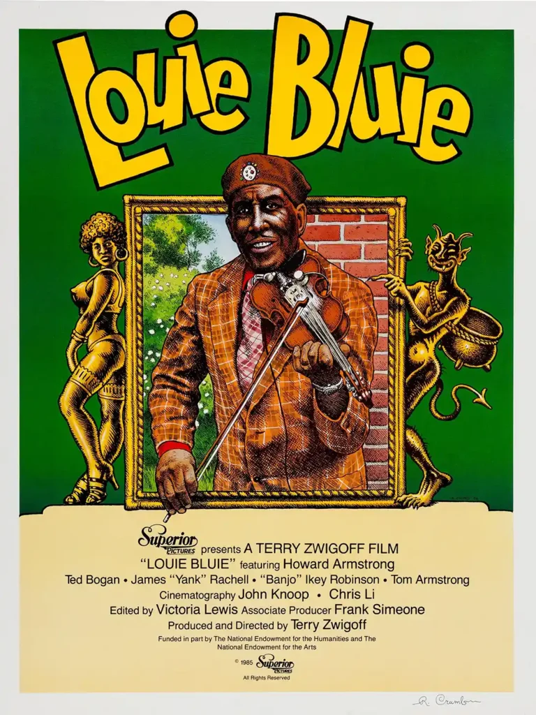 Louie Bluie documentary movie poster featuring artwork by Robert Crumb, showing Howard Armstrong playing the fiddle in a vibrant green design.